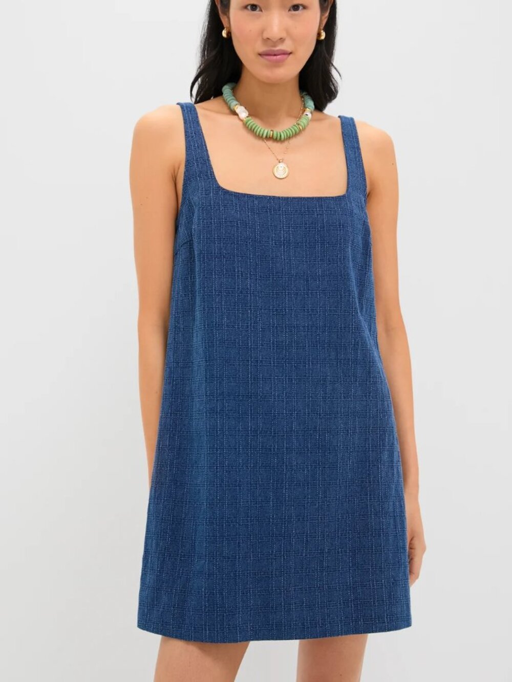Pomander Place Cassie Dress Textured Windowpane Denim Tank Square Neck Blue XS